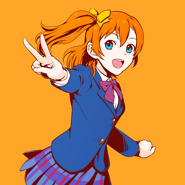 1girl :d blue_eyes blue_jacket blue_skirt bow collared_shirt dress_shirt gomi hair_between_eyes hair_bow jacket kousaka_honoka long_hair long_sleeves looking_at_viewer love_live! love_live!_school_idol_project miniskirt open_mouth orange_background orange_hair outstretched_arm pleated_skirt shirt side_ponytail simple_background skirt smile solo standing striped striped_neckwear v white_shirt wing_collar yellow_bow