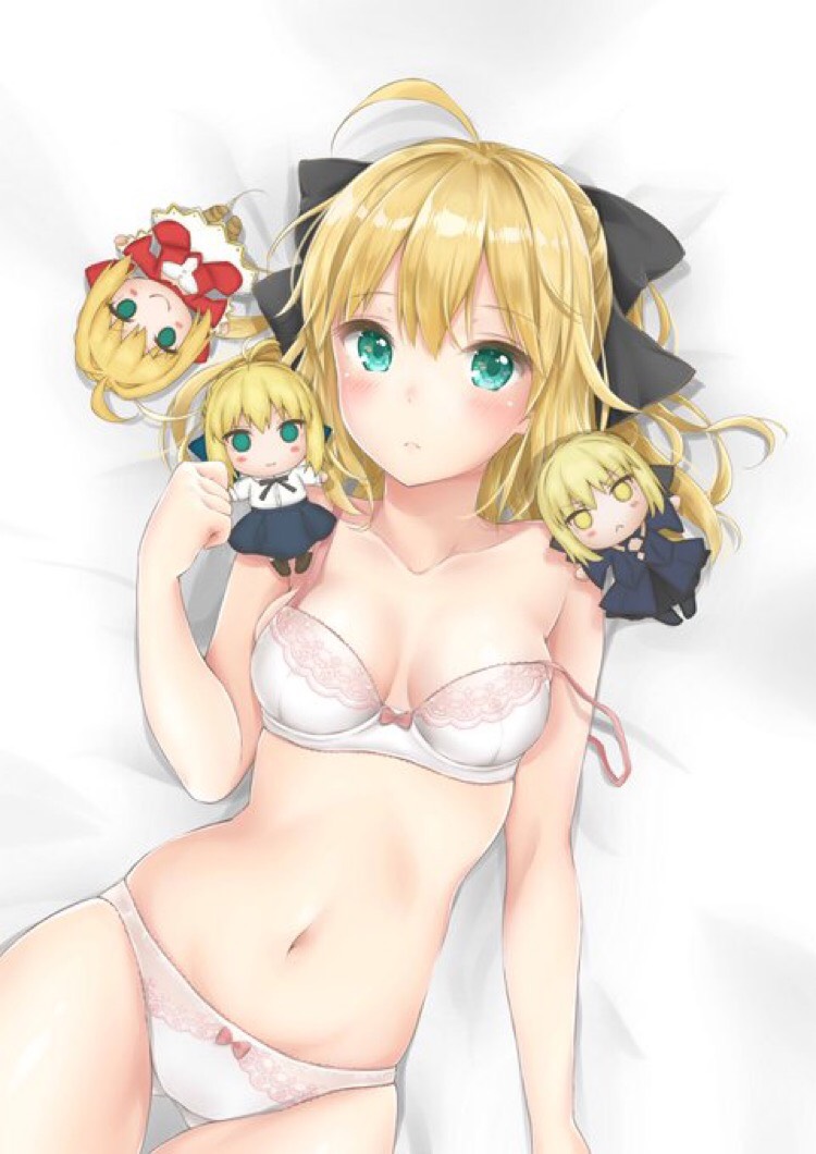 1girl ahoge artoria_pendragon_(all) ass_visible_through_thighs bed_sheet black_bow blonde_hair blush bow bow_bra bow_panties bra breasts cleavage collarbone eyebrows_visible_through_hair fate/unlimited_codes fate_(series) from_above green_eyes hair_between_eyes hair_bow looking_at_viewer lying medium_breasts mikujin_(mikuzin24) navel nero_claudius_(fate) nero_claudius_(fate)_(all) off_shoulder on_back panties parted_lips pink_bow saber saber_alter saber_lily shiny shiny_hair short_hair solo thigh_strap underwear underwear_only