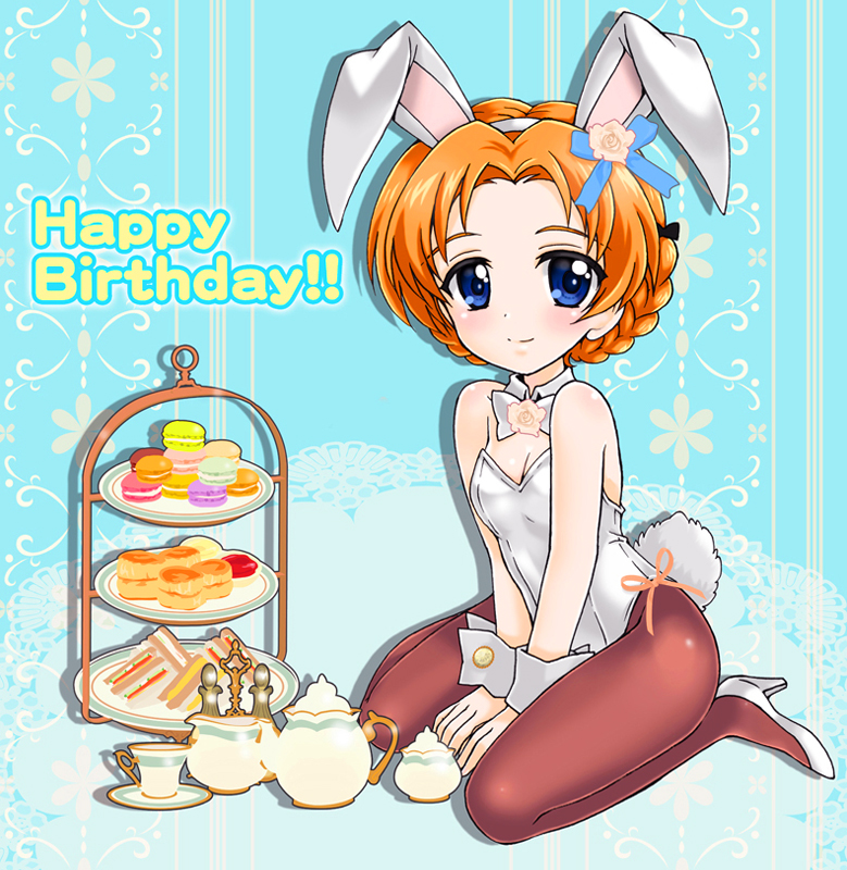1girl animal_ears arm_support bangs black_bow blue_eyes bow bowtie braid breasts brown_legwear bunny_ears bunnysuit burafu cleavage closed_mouth collar commentary cup dessert detached_collar english_text fake_animal_ears food girls_und_panzer hair_bow hair_ribbon happy_birthday high_heels leaning_forward legs leotard light_blush looking_at_viewer macaron orange_hair orange_pekoe pantyhose parted_bangs ribbon sandwich saucer short_hair side-tie_leotard sitting small_breasts smile solo strapless strapless_leotard teacup teapot tied_hair tiered_tray twin_braids v_arms white_collar white_footwear white_leotard white_neckwear wing_collar