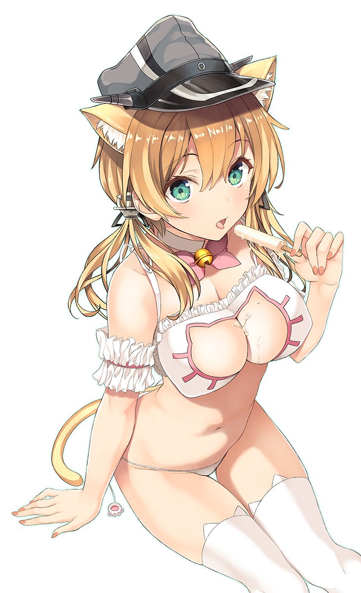 1girl :d anchor_hair_ornament animal_band_legwear animal_ear_fluff animal_ears aqua_eyes arm_garter bangs bell bell_choker black_headwear blonde_hair blush bow bra breasts cat_band_legwear cat_cutout cat_ear_panties cat_ears cat_girl cat_lingerie cat_tail choker cleavage cleavage_cutout collarbone commentary_request dessert dripping eating eyebrows_visible_through_hair fang food frilled_bra frills groin hair_between_eyes hair_ornament hat highres holding holding_food inuzumi_masaki jingle_bell kantai_collection kemonomimi_mode large_breasts lingerie long_hair looking_at_viewer melting meme_attire navel open_mouth panties paw_print peaked_cap peaked_lapels pink_bow popsicle prinz_eugen_(kantai_collection) side-tie_panties simple_background sitting skindentation smile solo tail thighhighs tongue tongue_out twintails underwear underwear_only wet white_background white_bra white_choker white_legwear