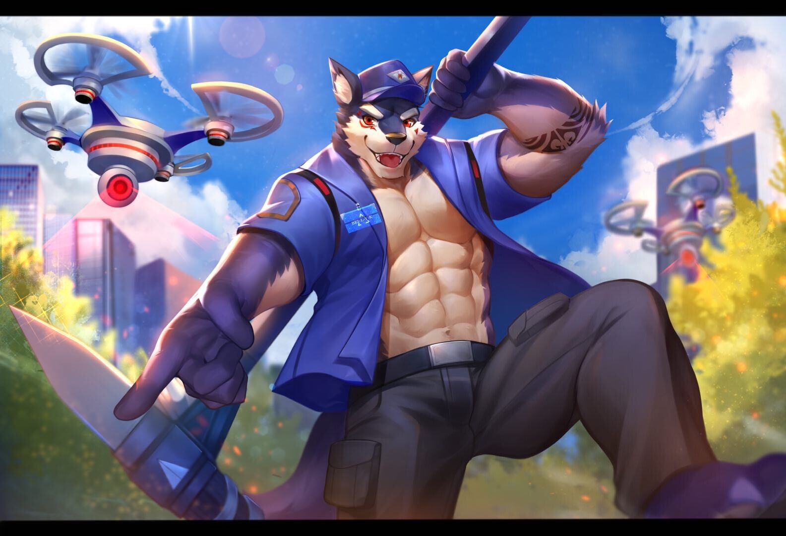 2019 abs anthro barefoot belt blue_fur blue_sky bottomwear canid canine canis city clothed clothing cloud detailed_background fur fuwayuuko gesture hat headgear headwear light looking_at_viewer machine male mammal melee_weapon muscular muscular_male open_mouth open_shirt open_smile pants pecs pointing propeller red_eyes robot sky skyscraper smile sunlight tattoo weapon wolf