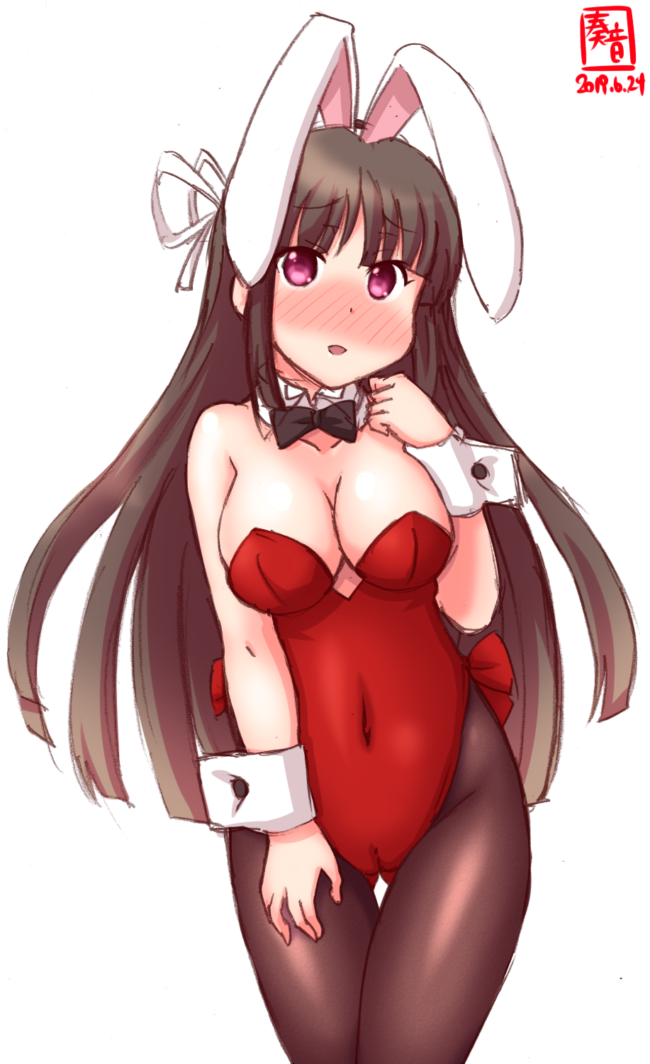 1girl alternate_costume animal_ears artist_logo ass_visible_through_thighs bikini black_hair black_neckwear blush bow bowtie breasts bunny_ears bunnysuit cameltoe commentary_request dated detached_collar hair_ribbon highres hiyou_(kantai_collection) kanon_(kurogane_knights) kantai_collection leotard long_hair medium_breasts pantyhose playboy_bunny_leotard purple_eyes red_leotard ribbon simple_background solo standing strapless strapless_leotard swimsuit thigh_gap white_background wrist_cuffs