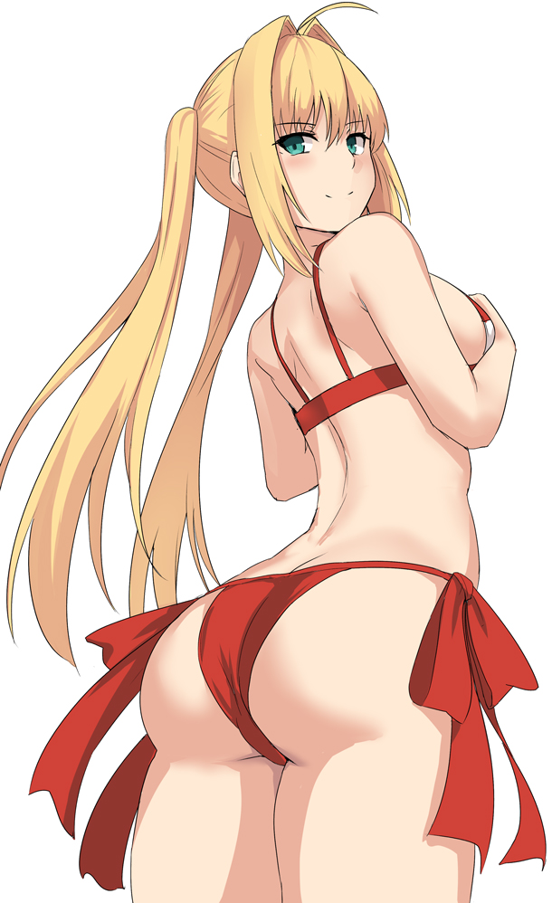 1girl ahoge ass bikini blonde_hair butt_crack cowboy_shot eyebrows_visible_through_hair fate/extra fate/extra_ccc fate/grand_order fate_(series) from_behind green_eyes hair_intakes long_hair looking_at_viewer nero_claudius_(fate) nero_claudius_(fate)_(all) nero_claudius_(swimsuit_caster)_(fate) red_bikini shiseki_hirame side-tie_bikini smile solo swimsuit twintails white_background