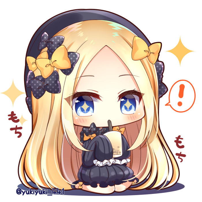 ! +_+ 1girl abigail_williams_(fate/grand_order) bangs black_bow black_dress black_footwear black_headwear blonde_hair blue_eyes blush bow bubble_tea bug butterfly chibi commentary_request cup disposable_cup dress drinking drinking_straw fate/grand_order fate_(series) forehead full_body hair_bow hat holding holding_cup insect long_hair long_sleeves orange_bow parted_bangs polka_dot polka_dot_bow shadow shoes sitting sleeves_past_fingers sleeves_past_wrists solo sparkle spoken_exclamation_mark twitter_username very_long_hair wariza white_background yukiyuki_441