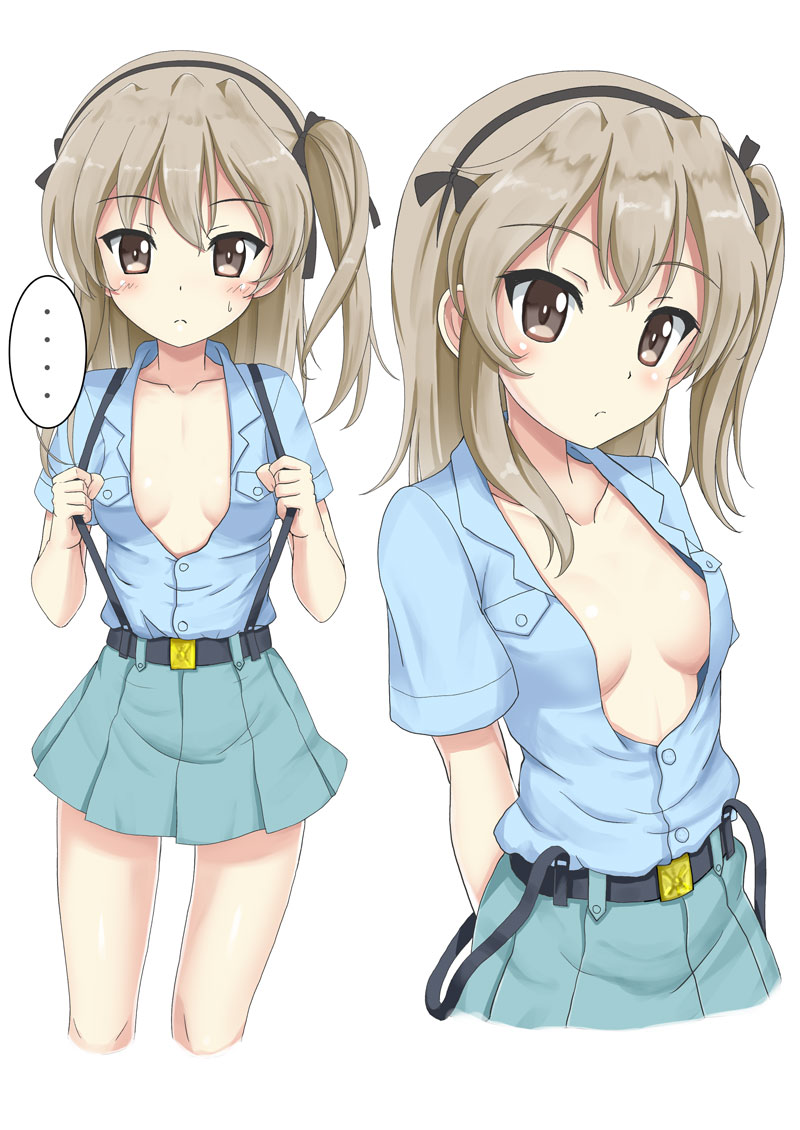 ... 1girl alternate_costume arms_behind_back bangs black_bow black_hairband blue_shirt blush bow breasts brown_eyes brown_hair closed_mouth collarbone collared_shirt commentary_request cropped_legs dress_shirt eyebrows_visible_through_hair flipper girls_und_panzer green_skirt hair_between_eyes hair_bow hairband long_hair multiple_views no_bra one_side_up open_clothes open_shirt pleated_skirt shimada_arisu shirt short_sleeves simple_background skirt small_breasts spoken_ellipsis sweat white_background