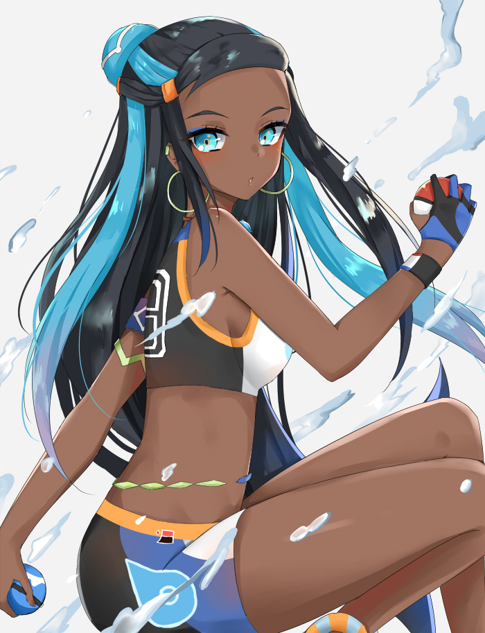1girl bare_shoulders black_hair blue_eyes blue_gloves blue_hair blush commentary_request dark_skin dive_ball earrings gloves grey_background holding holding_poke_ball hoop_earrings jewelry looking_at_viewer looking_to_the_side multicolored_hair parted_lips poke_ball poke_ball_(generic) pokemon pokemon_(game) pokemon_swsh rurina_(pokemon) simple_background single_glove solo swimsuit swon_(joy200892) tankini two-tone_hair water