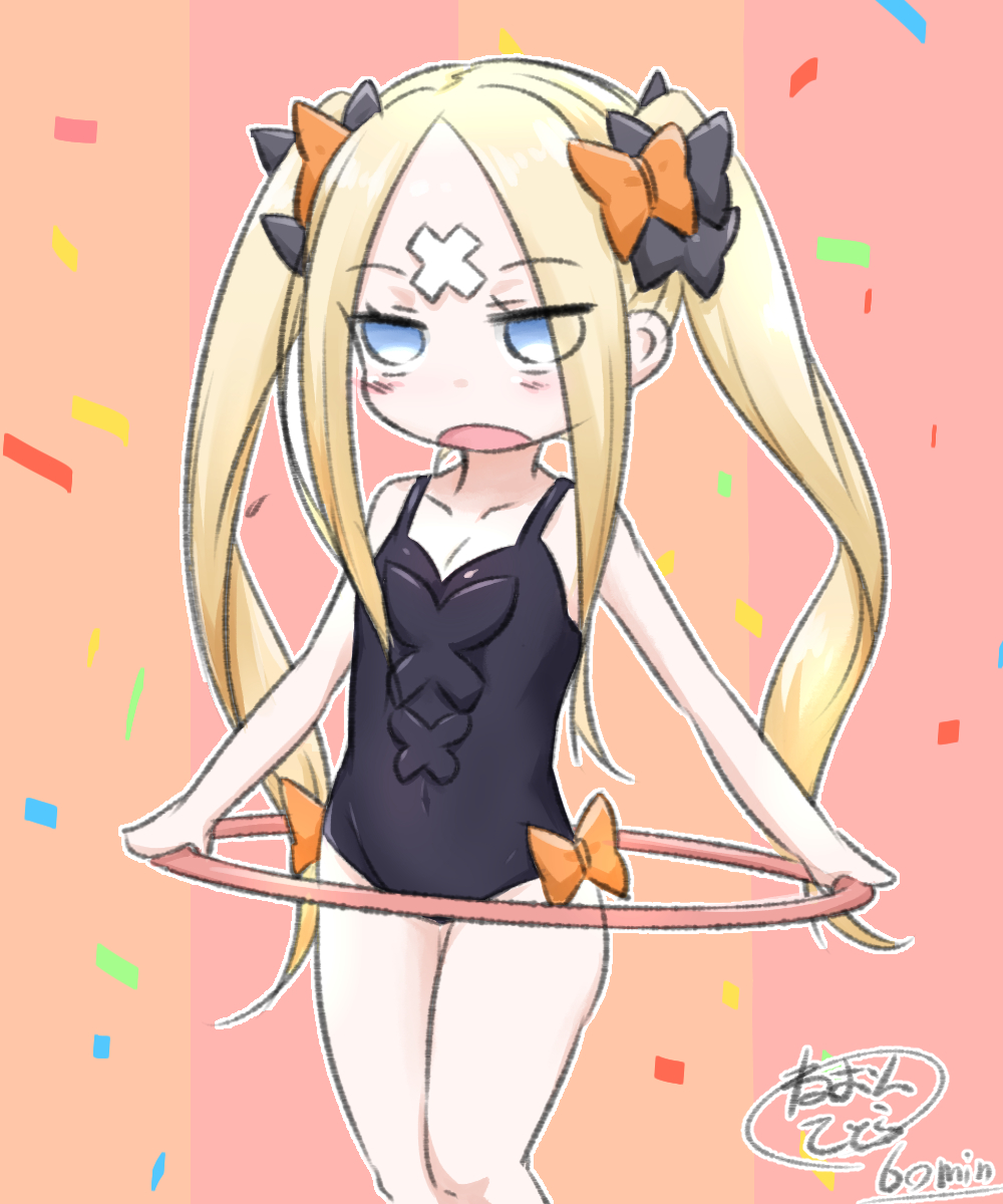1girl :o abigail_williams_(fate/grand_order) alternate_hairstyle bangs bare_arms bare_shoulders black_bow black_leotard blonde_hair blue_eyes blush bow chibi collarbone commentary_request confetti crossed_bandaids eyebrows_visible_through_hair fate/grand_order fate_(series) hair_bow highres hoop leotard long_hair neon-tetora open_mouth orange_bow parted_bangs signature solo twintails very_long_hair