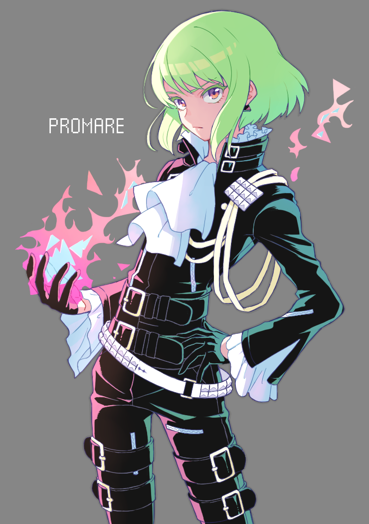 1boy belt black_gloves black_jacket blonde_hair cravat earrings fire gloves green_hair half_gloves jacket jewelry kusakari lio_fotia looking_at_viewer male_focus promare purple_eyes solo