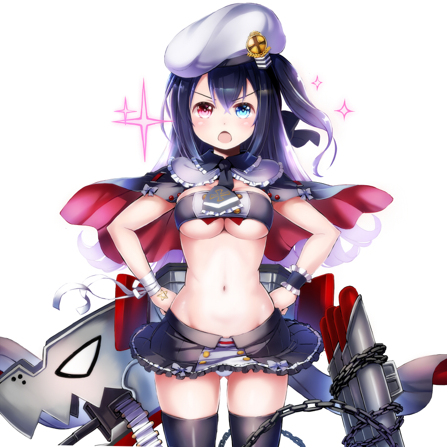 1girl azur_lane beret breasts cape chain hat heterochromia long_hair looking_at_viewer medium_breasts navel necktie nitchi open_mouth panties purple_hair simple_background solo sparkle thighhighs torpedo_tubes underboob underwear white_background white_panties z36_(azur_lane)