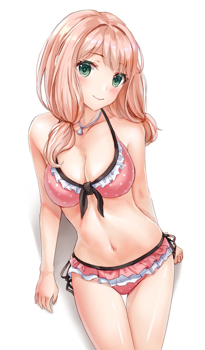 1girl bang_dream! bangs bare_arms bare_shoulders bikini blush breasts cleavage closed_mouth collarbone commentary_request eyebrows_visible_through_hair frilled_bikini frills green_eyes head_tilt highres light_brown_hair long_hair low_twintails lunacle medium_breasts navel pink_bikini polka_dot polka_dot_bikini shadow smile solo swimsuit twintails uehara_himari white_background