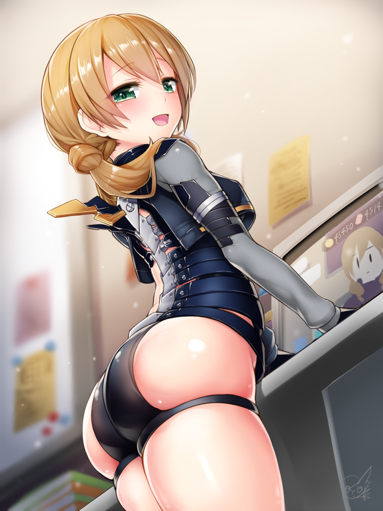 1girl :d alice_gear_aegis arched_back ass bangs bare_hips black_gloves black_shorts blurry blush book breasts commentary_request crop_top depth_of_field desk doyouwantto eyebrows_visible_through_hair from_side gloves green_eyes hair_between_eyes hip_vent indoors kotomura_amane long_sleeves looking_at_viewer looking_to_the_side low_twintails monitor note open_mouth shiny shiny_skin shorts signature skindentation small_breasts smile solo spine thighs twintails whiteboard