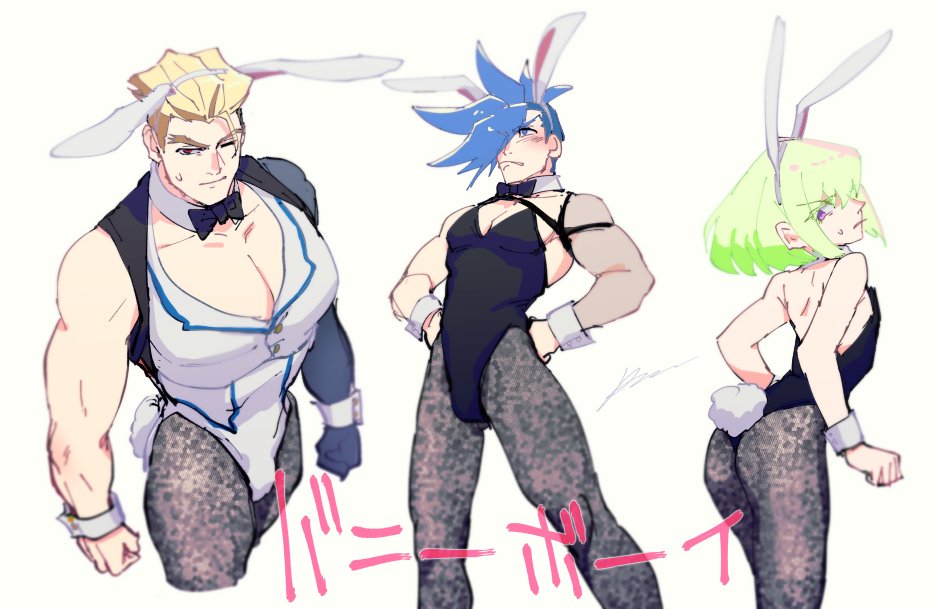 3boys animal_ears black_legwear black_neckwear blonde_hair blue_hair bow bowtie bunny_boy bunny_ears bunny_tail bunnysuit clenched_hands detached_collar fake_animal_ears fake_tail galo_thymos green_hair igote kray_foresight leotard lio_fotia male_focus multiple_boys muscle one_eye_closed pantyhose promare red_eyes sagemaru-br simple_background spiked_hair tail white_background wrist_cuffs