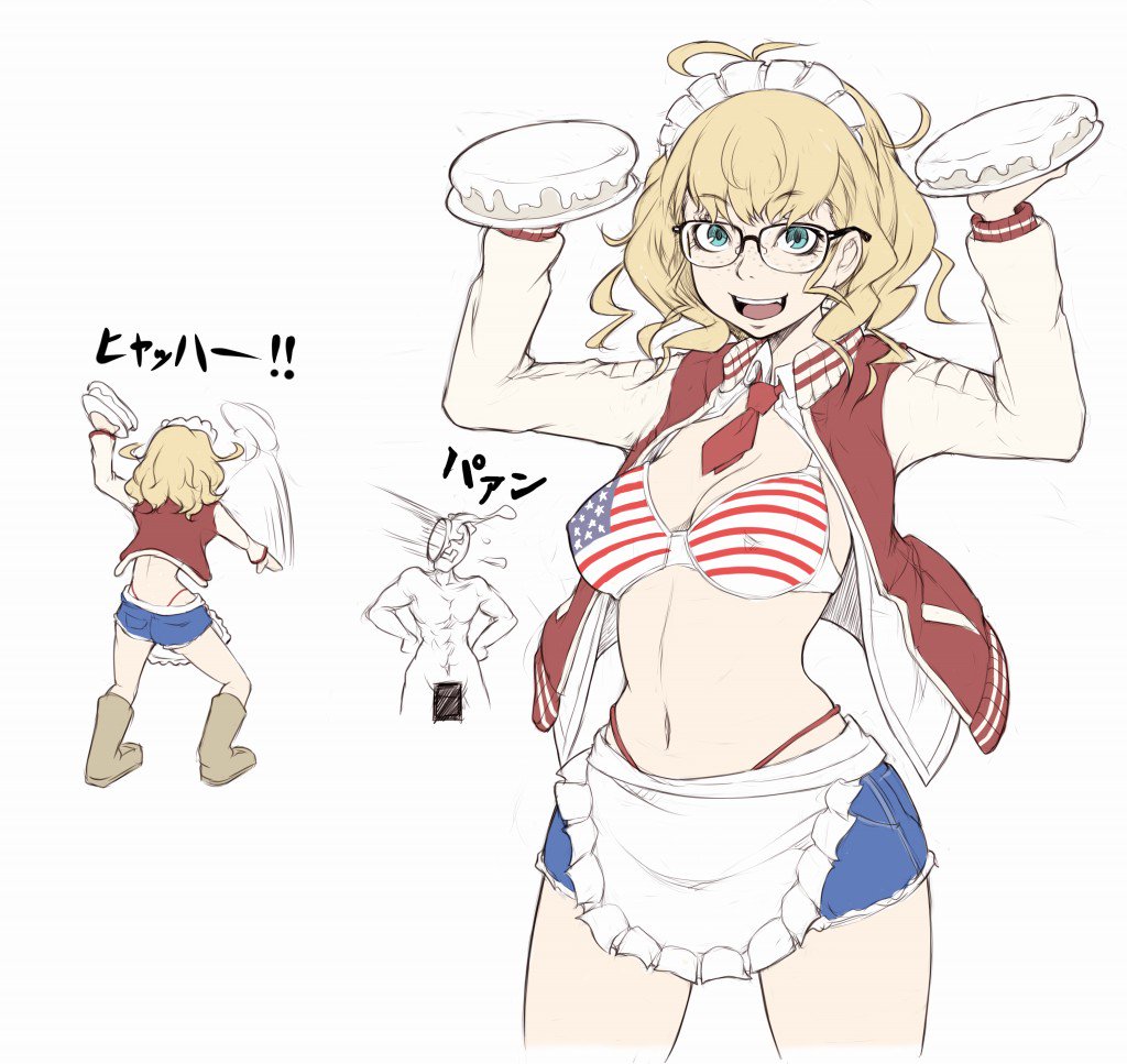 1boy 1girl american_flag_bikini antenna_hair apron bar_censor bikini blonde_hair blue_eyes blush breasts censored cleavage eyebrows_visible_through_hair flag_print food glasses holding holding_plate ina_(gokihoihoi) long_sleeves looking_at_viewer maid_apron maid_headdress medium_breasts navel necktie open_mouth original pie plate red_neckwear short_hair sketch smile swimsuit translation_request upper_teeth