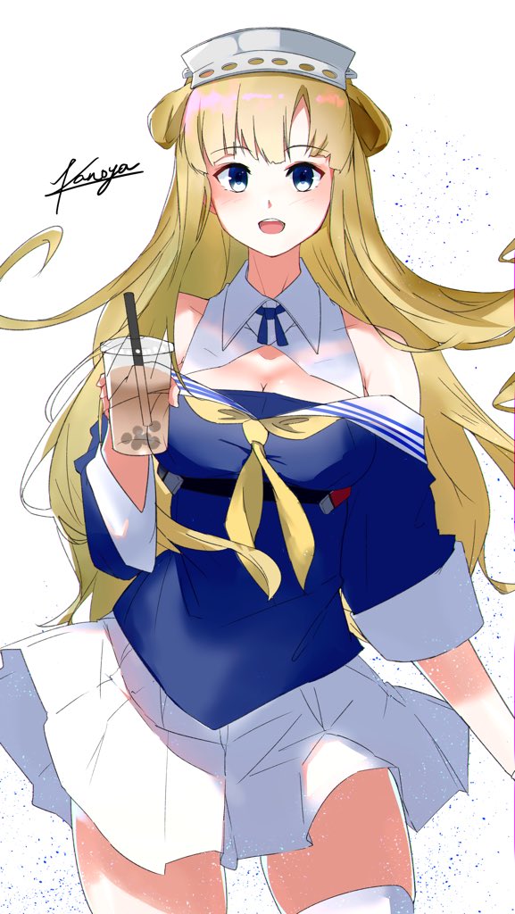 1girl blonde_hair blue_eyes blue_shirt breasts bubble_tea cleavage cowboy_shot cup disposable_cup double_bun fletcher_(kantai_collection) hairband kantai_collection long_hair looking_at_viewer medium_breasts neckerchief off_shoulder pleated_skirt sailor_collar school_uniform serafuku shirt signature simple_background skirt solo sui_(sui27shika) thighhighs white_background white_legwear white_sailor_collar white_skirt yellow_neckwear