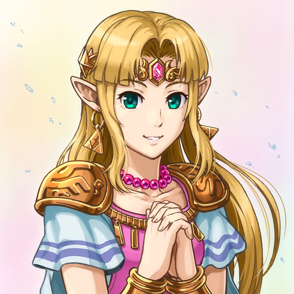 1girl blonde_hair collarbone earrings floating_hair gomi green_eyes hands_clasped jewelry long_hair looking_at_viewer necklace own_hands_together parted_lips pointy_ears princess_zelda shiny shiny_hair short_sleeves shoulder_armor smile solo the_legend_of_zelda the_legend_of_zelda:_link's_awakening upper_body white_background