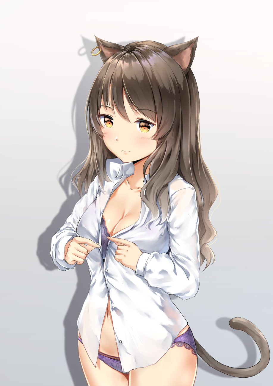 1girl animal_ears arknights blush bra breasts brown_eyes brown_hair cat_ears cat_girl cat_tail chahei cleavage closed_mouth collarbone collared_shirt commentary cowboy_shot dress_shirt dressing ear_piercing grey_background highres long_hair long_sleeves medium_breasts navel no_pants panties piercing purple_bra purple_panties shadow shirt skyfire_(arknights) smile solo tail underwear white_shirt
