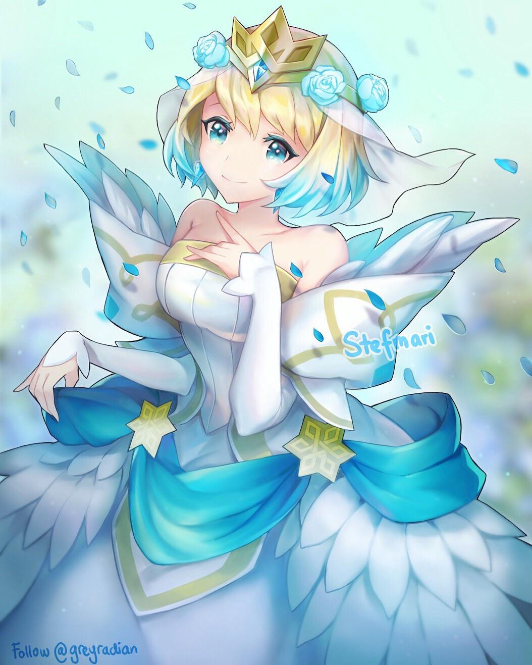1girl bare_shoulders blonde_hair blue_eyes blue_hair closed_mouth crown dress earrings feather_trim fire_emblem fire_emblem_heroes fjorm_(fire_emblem_heroes) flower gradient_hair greyradian hair_flower hair_ornament hand_up highres jewelry long_sleeves looking_at_viewer multicolored_hair short_hair smile solo standing twitter_username white_dress
