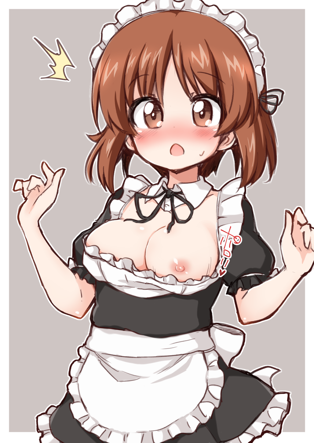 /\/\/\ 1girl alternate_costume apron bangs black_dress black_neckwear black_ribbon blush border breasts brown_eyes brown_hair commentary_request cowboy_shot detached_collar dress enmaided eyebrows_visible_through_hair frilled_apron frills girls_und_panzer grey_background hair_ribbon hands_up highres looking_at_viewer maid maid_apron maid_headdress medium_breasts neck_ribbon nipple_slip nipples nishizumi_miho nose_blush open_mouth outside_border petticoat puffy_short_sleeves puffy_sleeves ribbon short_dress short_hair short_sleeves simple_background solo standing suwa_yasai sweat translation_request waist_apron white_apron white_border