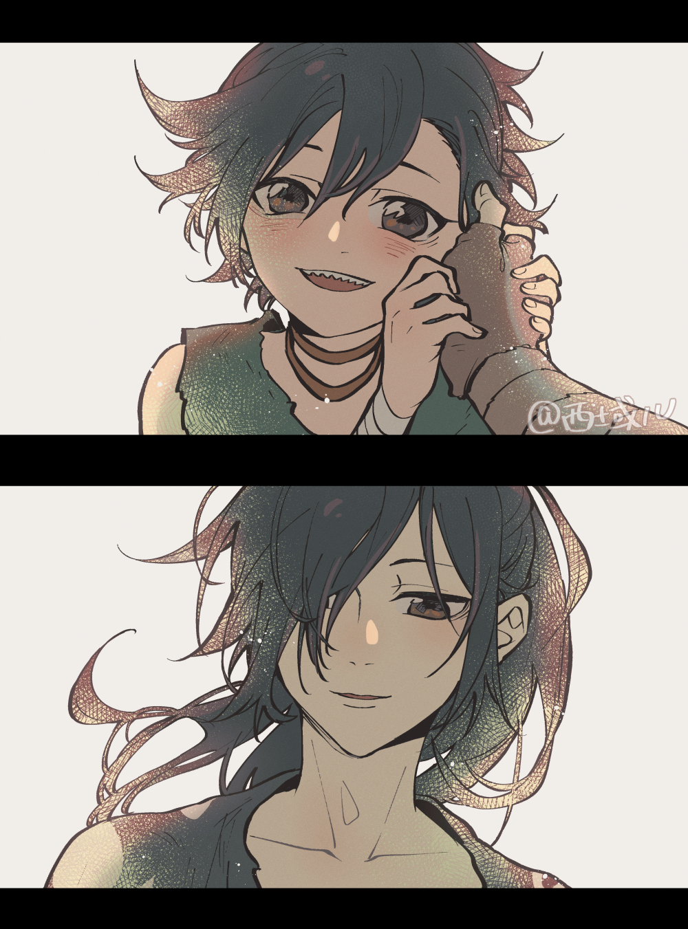 1boy 1girl androgynous bandages black_eyes black_hair brown_eyes dororo_(character) dororo_(tezuka) hair_over_one_eye hand_on_another's_cheek hand_on_another's_face highres hyakkimaru_(dororo) japanese_clothes long_hair open_mouth ponytail reverse_trap sleeveless smile teeth twitter_username xi_yuu