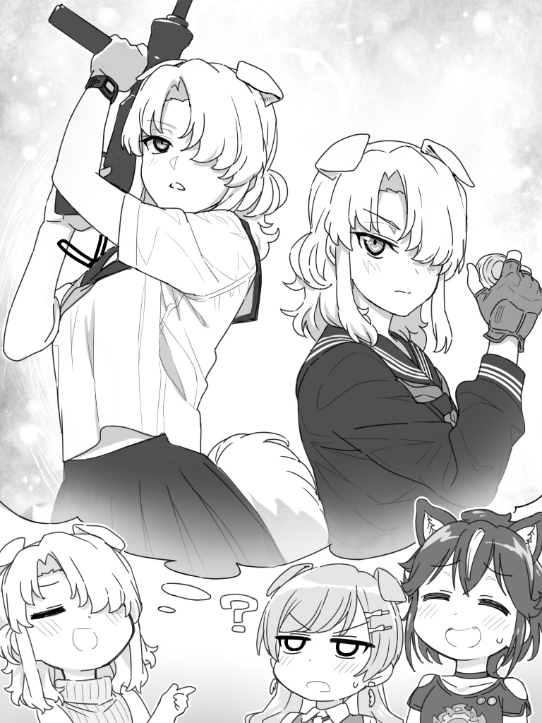 3girls :d ? animal_ear_fluff animal_ears bangs blush choker closed_eyes closed_mouth collarbone commentary_request eyebrows_visible_through_hair fang fingerless_gloves gloves greyscale gun hair_ornament hair_over_one_eye hairclip holding holding_gun holding_weapon long_hair long_sleeves looking_at_viewer monochrome multiple_girls neckerchief open_mouth original parted_lips pleated_skirt ribbed_sweater sailor_collar school_uniform serafuku short_sleeves shoulder_cutout skirt sleeveless sleeveless_sweater sleeveless_turtleneck smile sweat sweater tail tonbi turtleneck upper_body v-shaped_eyebrows weapon