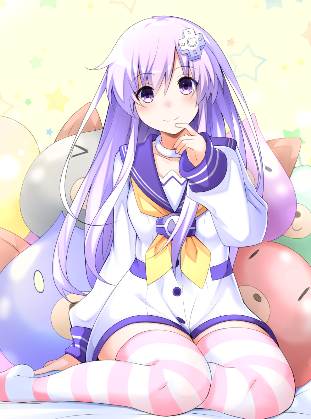 1girl blush choker commentary_request d-pad d-pad_hair_ornament dogoo doria_(5073726) dress finger_to_mouth hair_ornament hand_up highres long_hair looking_at_viewer neckerchief nepgear neptune_(series) purple_eyes purple_hair sailor_dress sitting smile solo star starry_background striped striped_legwear stuffed_toy thighhighs thighs white_choker yellow_neckwear
