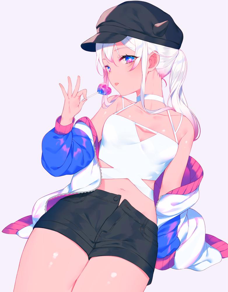 1girl achiki bare_shoulders black_headwear black_shorts blue_eyes breasts cabbie_hat candy choker collarbone cowboy_shot crop_top food hand_up hat heart heart-shaped_pupils heart_lollipop holding jacket lollipop long_hair long_sleeves looking_at_viewer midriff multicolored multicolored_eyes navel off_shoulder open_clothes open_fly open_jacket original pink_eyes ponytail purple_background shirt short_shorts shorts sidelocks simple_background sleeveless sleeveless_shirt small_breasts solo stomach symbol-shaped_pupils thighs tongue tongue_out white_choker white_hair white_jacket white_shirt
