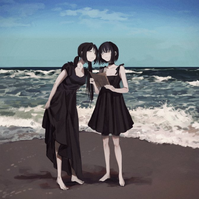 2girls bangs barefoot beach black_dress breasts choker closed_eyes closed_mouth cloud day dress freng full_body holding holding_paper long_hair multiple_girls original pale_skin paper sand shadow short_hair sky standing water waves