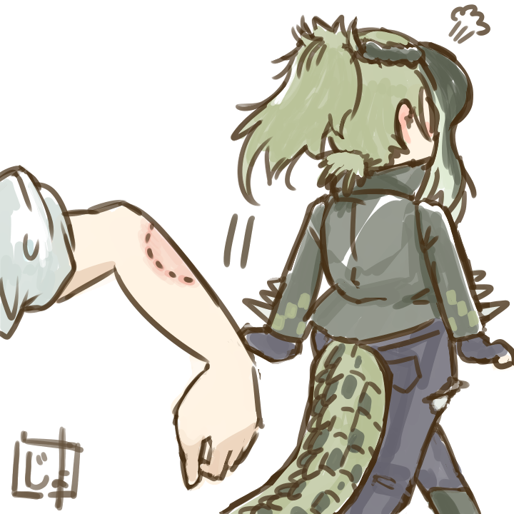 1boy 1girl =3 artist_logo asst_lab bite_mark black_gloves commentary_request crocodile_tail fingerless_gloves gloves green_hair kemono_friends long_hair multicolored_hair out_of_frame pants ponytail saltwater_crocodile_(kemono_friends) simple_background tail tail_through_clothes walking_away white_background