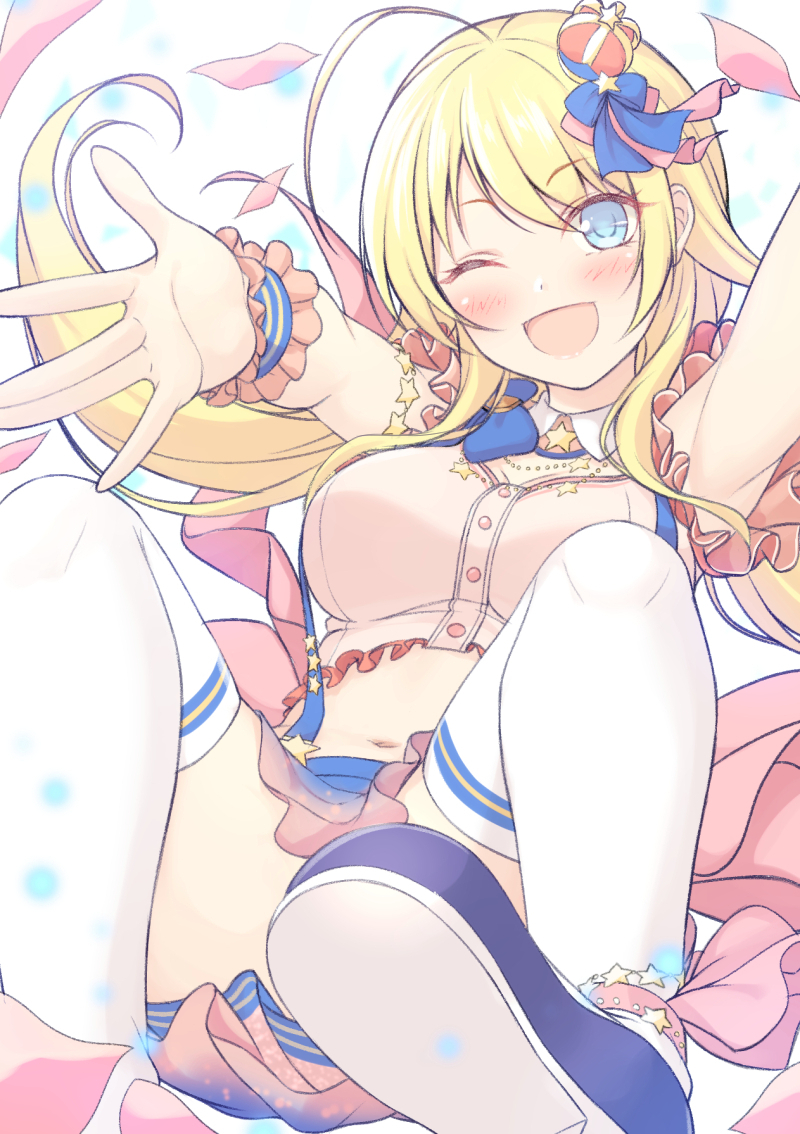 1girl ;d ahoge bangs blonde_hair blue_eyes blush crown eyebrows_visible_through_hair hachimiya_meguru hair_ornament idolmaster idolmaster_shiny_colors long_hair looking_at_viewer low_twintails midriff mini_crown mutsuba_fumi navel one_eye_closed open_mouth outstretched_arms shoes simple_background smile solo star thighhighs twintails white_legwear wrist_cuffs