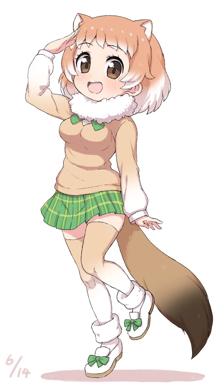 1girl :d animal_ears black-tailed_prairie_dog_(kemono_friends) bow_footwear brown_eyes dated eyebrows_visible_through_hair full_body fur_collar gradient gradient_hair gradient_legwear green_skirt hand_up highres kemono_friends light_brown_hair long_sleeves looking_at_viewer medium_hair multicolored multicolored_clothes multicolored_hair multicolored_legwear open_mouth plaid plaid_skirt pleated_skirt prairie_dog_ears prairie_dog_tail ransusan salute shoes simple_background skirt smile solo tail thighhighs white_background white_hair zettai_ryouiki