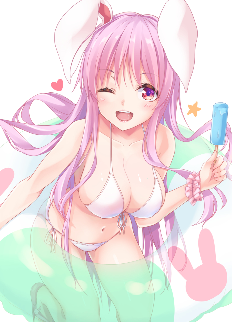 1girl ;d animal_ears bangs bare_arms bare_shoulders bikini blush breasts bunny_ears commentary_request eyebrows_visible_through_hair food front-tie_bikini front-tie_top hand_up heart holding holding_food innertube kneeling kue large_breasts leaning_forward long_hair looking_at_viewer navel one_eye_closed open_mouth popsicle purple_hair red_eyes reisen_udongein_inaba sandals scrunchie simple_background smile solo star stomach swimsuit thighs touhou very_long_hair white_background white_bikini wrist_scrunchie
