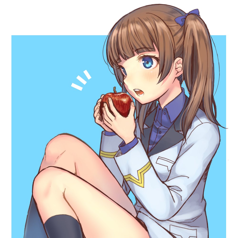 1girl apple bangs black_legwear blue_background blue_bow blue_eyes blue_shirt blunt_bangs bow brave_witches brown_hair commentary dress_shirt eating eyebrows_visible_through_hair food fruit georgette_lemare hair_bow holding holding_food holding_fruit jacket light_blush long_sleeves medium_hair military military_uniform no_pants notice_lines open_mouth outside_border shirt sitting socks solo totonii_(totogoya) twintails uniform white_jacket wing_collar world_witches_series