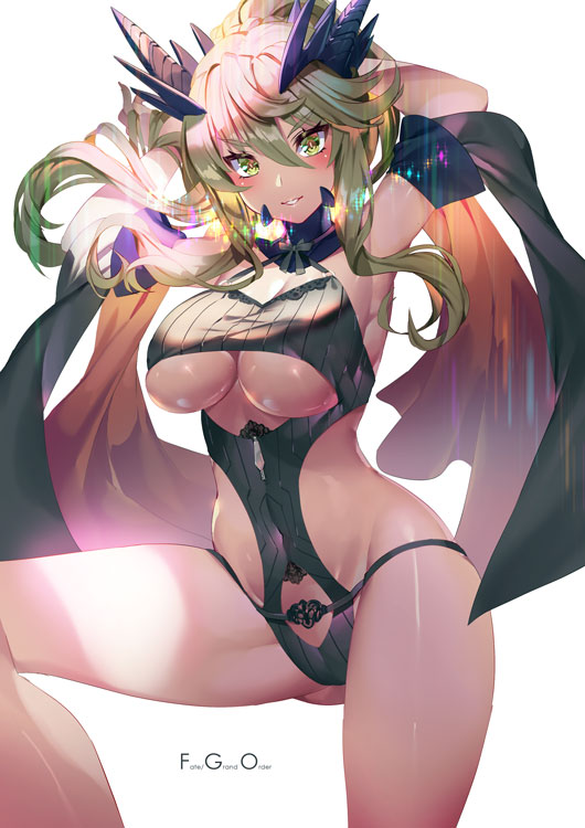 1girl aguy armpits arms_up artoria_pendragon_(all) artoria_pendragon_(lancer_alter) ass_visible_through_thighs bare_legs bare_shoulders breasts cleavage commentary_request copyright_name fate/grand_order fate_(series) floating_hair green_eyes green_hair groin hair_between_eyes horns knee_up large_breasts long_hair looking_at_viewer navel parted_lips ponytail revealing_clothes smile solo thick_eyebrows thighs underboob v-shaped_eyebrows white_background