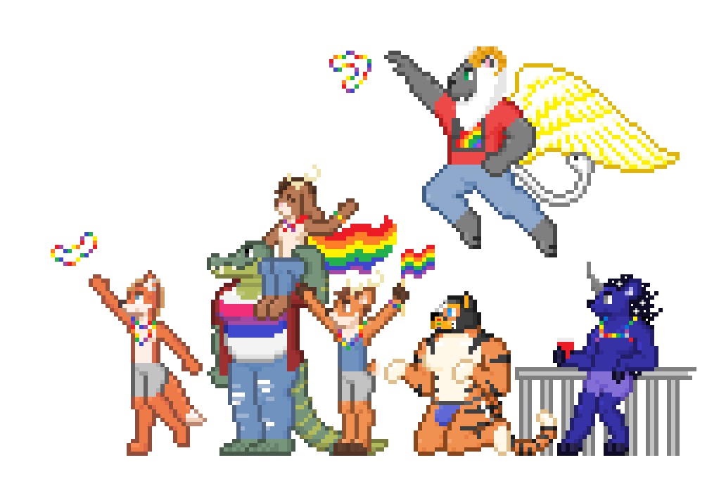 alcohol alligator alligatorid anthro beverage bisexual canid canine cape carrying cervid chimera clothed clothing crocodilian digital_media_(artwork) equid felid female flying fox fox_claypaw group handlebarsprites harness horn hybrid jackalope jockstrap ki-rin kneeling lagomorph leaning leporid lgbt_pride lifting lion male male/male mammal pantherine partially_clothed pixel pixel_(artwork) pixelated pride_colors pup_play rabbit reptile scalie size_difference snake standing tiger tom_cervo underwear unicorn