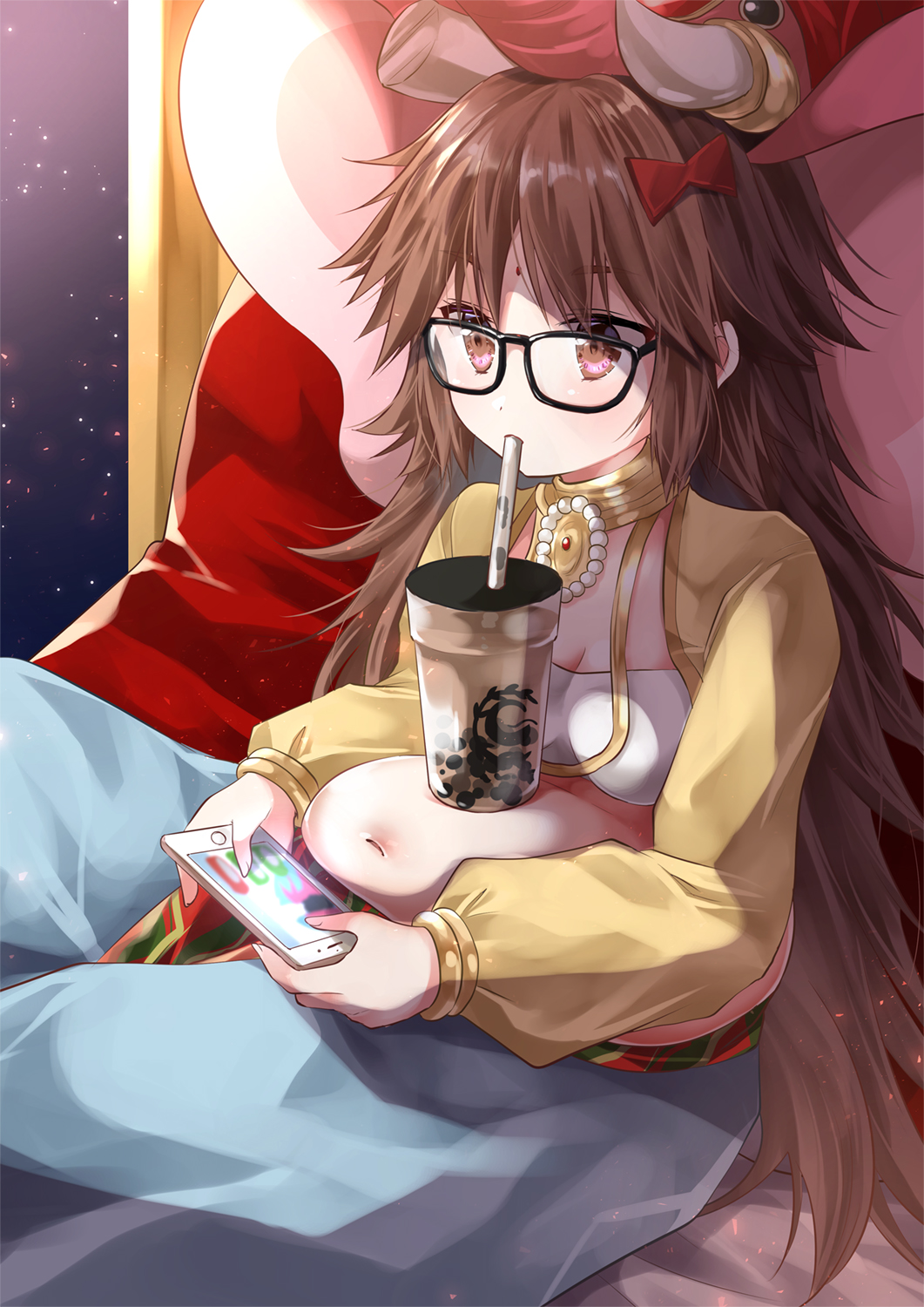 1girl bangs belly black-framed_eyewear blue_pants blush breasts brown_hair bubble_tea cellphone cleavage closed_mouth commentary_request cup disposable_cup drinking drinking_straw eyebrows_visible_through_hair fate/grand_order fate_(series) ganesha_(fate) glasses hair_between_eyes highres holding holding_cellphone holding_phone iroha_(shiki) jinako_carigiri long_hair long_sleeves looking_away pants phone pillow plump puffy_long_sleeves puffy_sleeves red_eyes sitting small_breasts solo very_long_hair
