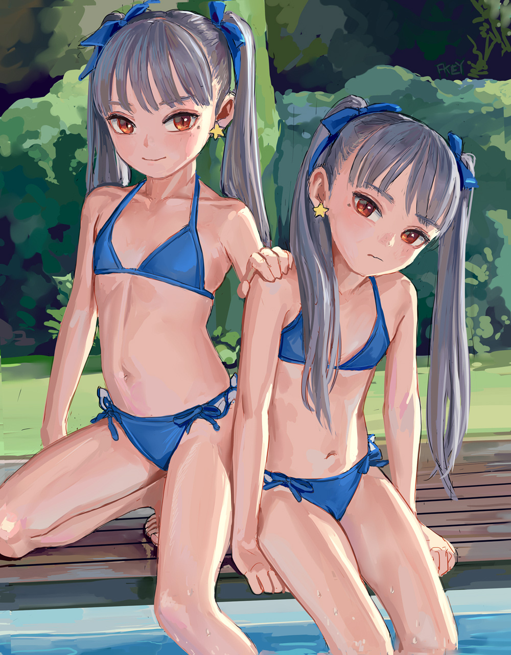 2girls arm_support bangs bare_arms bare_legs bare_shoulders barefoot bikini blue_bikini blue_bow blush bow brown_eyes bush closed_mouth collarbone day earrings eyebrows_visible_through_hair fkey grey_hair hair_bow hand_on_another's_shoulder head_tilt highres jewelry long_hair looking_at_viewer multiple_girls navel one_knee original outdoors poolside side-tie_bikini smile star star_earrings swimsuit twintails very_long_hair water wet