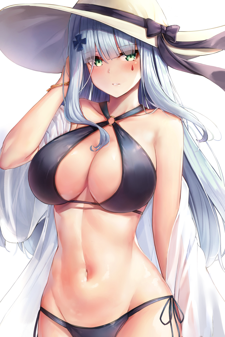 1girl bangs bare_shoulders bikini blue_bikini blue_ribbon blunt_bangs blush bracelet breasts cleavage collarbone commentary cowboy_shot eyebrows_visible_through_hair facial_mark girls_frontline gold green_eyes groin hair_ornament hat hat_ribbon highres hk416_(girls_frontline) jewelry long_hair looking_at_viewer motokonut navel o-ring o-ring_top off_shoulder parted_lips ribbon shiny shiny_skin side-tie_bikini sidelocks silver_hair simple_background solo stomach sun_hat swimsuit very_long_hair white_background white_headwear