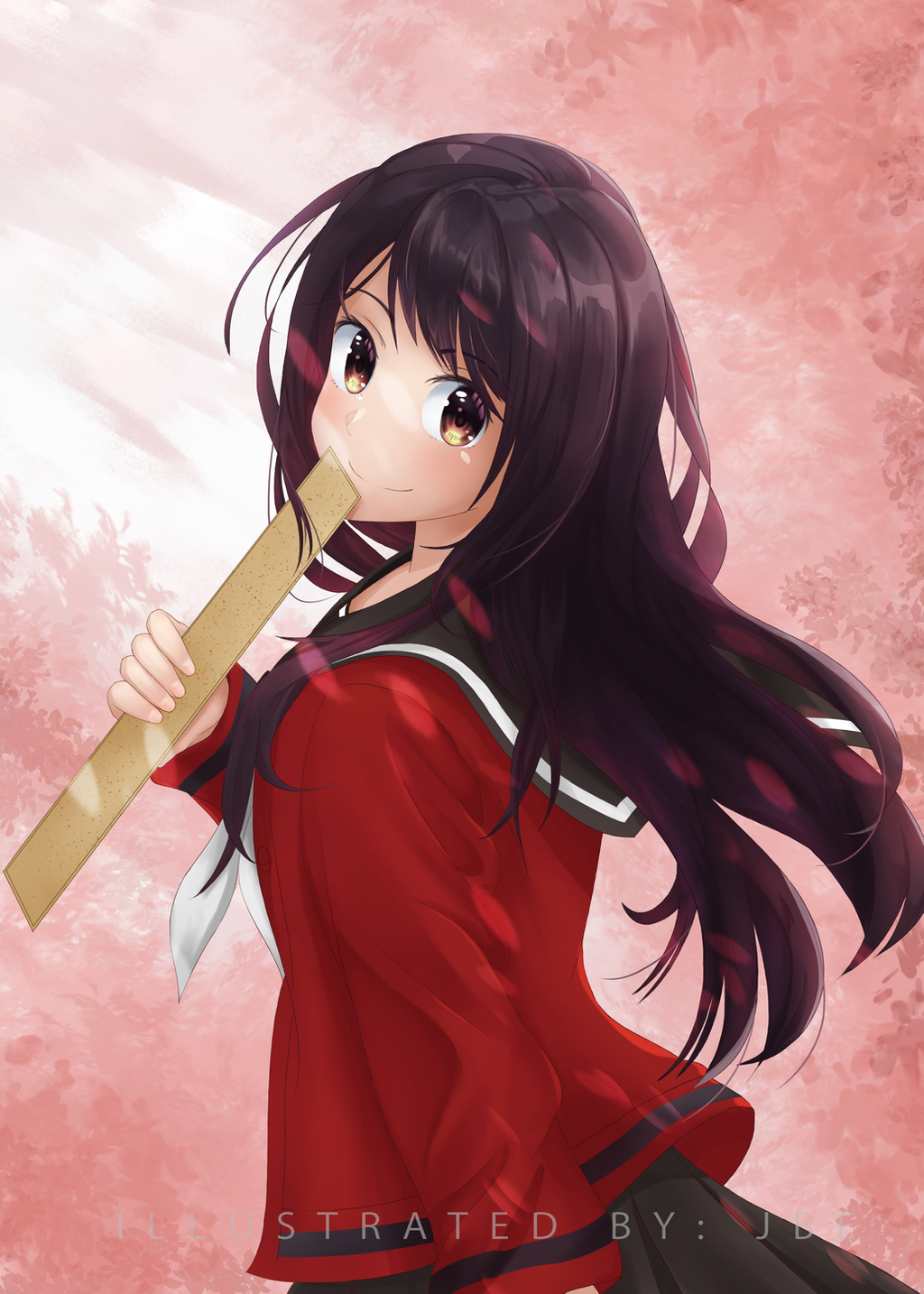 1girl black_hair black_serafuku black_skirt blush brown_eyes brown_hair hand_up highres holding jbasco15 long_hair long_sleeves looking_at_viewer pink_background school_uniform senryuu_shoujo serafuku simple_background skirt smile solo standing sunlight very_long_hair watermark yukishiro_nanako