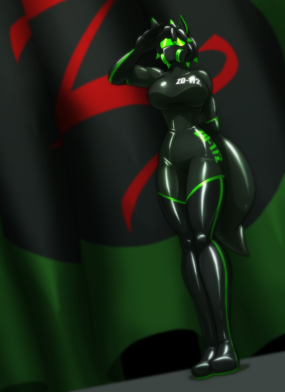 big_breasts bodysuit boots breasts canid canine clothing curvaceous drone female flag footwear fox gas_mask gesture hi_res implied_transformation mammal mask mind_control rubber salute skinsuit solo standing_at_attention tight_clothing toughset