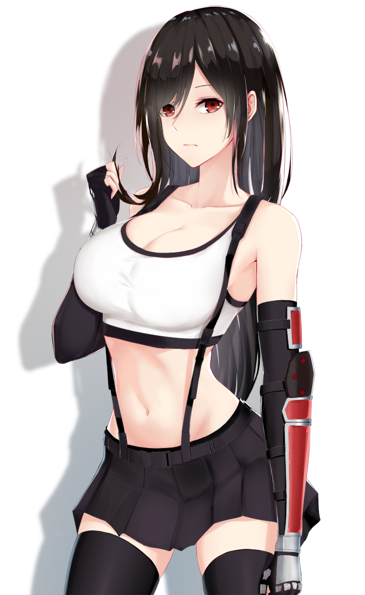 1girl bangs bare_shoulders black_hair black_skirt breasts brown_eyes cleavage closed_mouth collarbone commentary_request elbow_gloves elbow_pads final_fantasy final_fantasy_vii final_fantasy_vii_remake fingerless_gloves gloves highres holding holding_hair large_breasts liangfen232 long_hair midriff miniskirt navel pencil_skirt pleated_skirt shirt skirt suspender_skirt suspenders tank_top taut_clothes taut_shirt thighhighs thighs tifa_lockhart