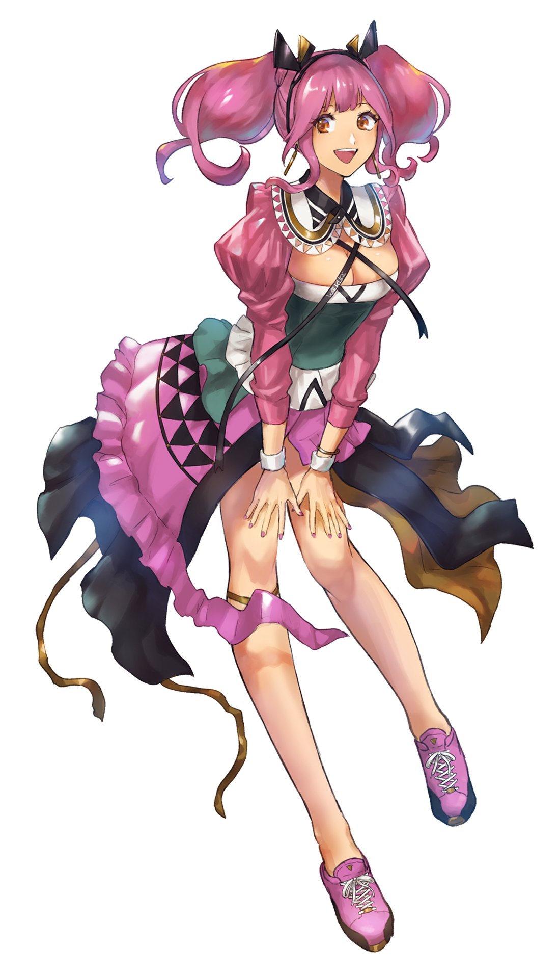 1girl :d bracelet breasts cleavage floating_hair full_body highres jewelry large_breasts long_hair long_sleeves looking_to_the_side macross macross_delta makina_nakajima open_mouth orange_eyes pink_footwear pink_hair ress shimatani_azu shiny shiny_hair shoes simple_background smile sneakers solo white_background