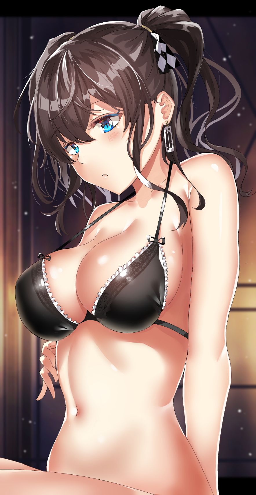 1girl arm_behind_back bangs bare_arms bare_shoulders black_bra black_hair black_ribbon blue_eyes blush bra breasts checkered_ribbon collarbone commentary earrings eyebrows_visible_through_hair hair_between_eyes hair_ribbon halterneck head_tilt highres indoors jewelry large_breasts navel original parted_lips ribbon rinaka_moruchi shiny shiny_clothes shiny_skin short_hair sidelocks sitting solo stomach strap_gap twintails underwear white_ribbon