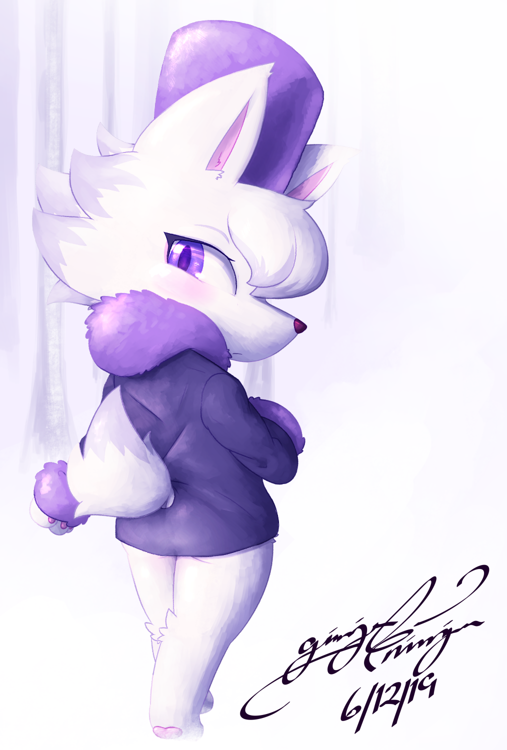 2019 animal_crossing anthro arctic_wolf blush breasts canid canine canis clothed clothing coat digital_media_(artwork) eyelashes female fur gingy_k_fox hair hat headgear headwear hi_res looking_at_viewer looking_back mammal nintendo purple_eyes rear_view simple_background solo video_games white_ears white_fur white_hair whitney_(animal_crossing) wolf