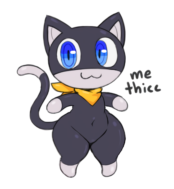 :3 acstlu anthro atlus bandanna black_fur blue_eyes chibi dipstick_tail domestic_cat felid feline felis fur looking_at_viewer male mammal mask megami_tensei morgana_(persona) multicolored_tail navel persona short_stack simple_background solo thick_thighs video_games white_background wide_hips