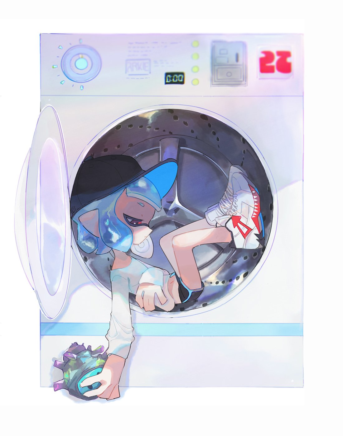 1girl hat highres holding inkling inside long_sleeves lying mem348 shirt shoes shorts splatoon_(series) splatoon_2 super_sea_snail washing_machine