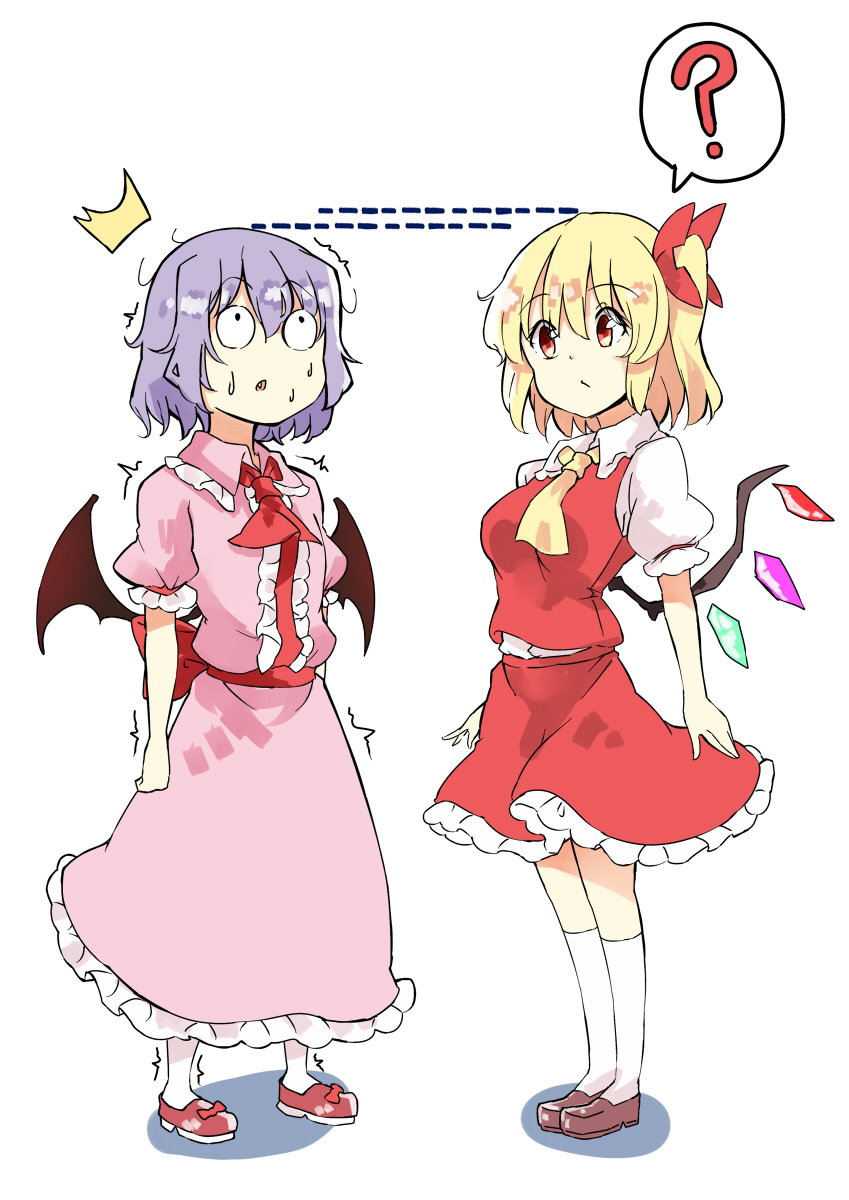 (o)_(o) /\/\/\ 2girls ? bat_wings blonde_hair blouse bow collar deetamu dress fang flandre_scarlet frilled_collar frilled_dress frilled_skirt frills full_body hair_ribbon height_conscious highres lavender_hair multiple_girls one_side_up pink_dress puffy_short_sleeves puffy_sleeves purple_hair red_eyes red_footwear red_skirt red_vest remilia_scarlet ribbon shoe_bow shoes short_hair short_sleeves simple_background skirt skirt_set socks spoken_question_mark standing sweatdrop touhou trembling vest white_background white_blouse white_legwear wings