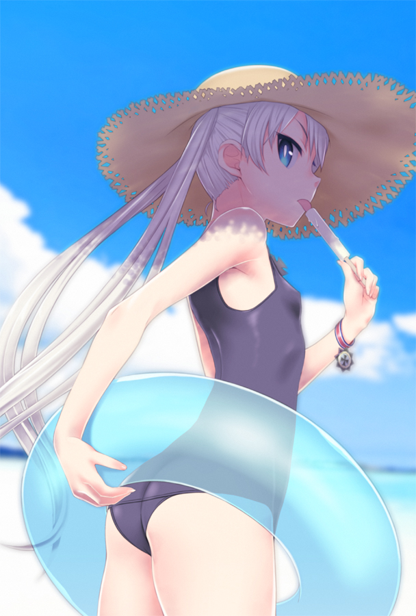 1girl beach black_school_swimsuit blue_eyes blue_sky blurry blurry_background breasts cloud covered_nipples cowboy_shot day floating_hair food holding holding_food ice_cream innertube long_hair ocean original outdoors popsicle profile school_swimsuit silver_hair sky small_breasts solo soshina_nohito standing swimsuit tongue tongue_out transparent very_long_hair