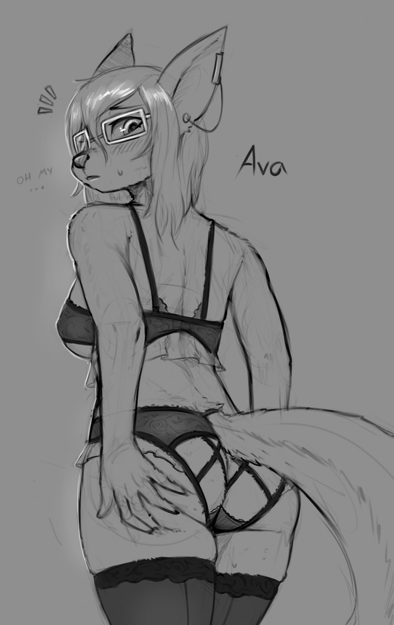 anthro blush bra butt canid canine clothing ear_piercing english_text eyewear female fox fur glasses grey_background greyscale hair hi_res legwear lingerie looking_back mammal monochrome panties photonoko piercing simple_background sketch solo stockings text underwear