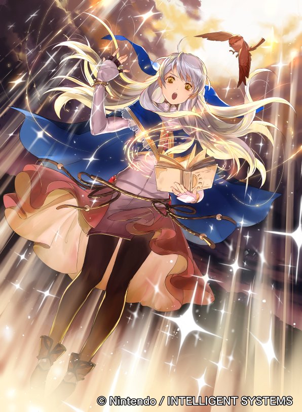 1girl ahoge animal bangs bird book boots brown_hair cape cloud cloudy_sky commentary_request company_connection copyright_name dress fingerless_gloves fire_emblem fire_emblem:_radiant_dawn fire_emblem_cipher full_body gloves hand_up holding holding_book long_hair long_sleeves mayo_(becky2006) micaiah official_art open_book open_mouth outdoors pantyhose shiny shiny_hair silver_hair sky sparkle yune