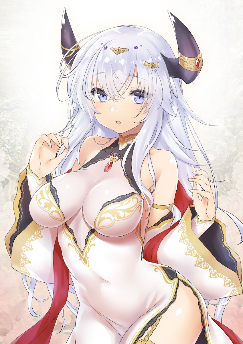 1girl 47agdragon bangs bare_shoulders blue_eyes blush breasts commentary_request covered_navel detached_sleeves dress eyebrows_visible_through_hair fingernails groin hagoromo hair_between_eyes hands_up highres horns large_breasts long_hair long_sleeves looking_at_viewer original parted_lips pelvic_curtain shawl silver_hair sleeveless sleeveless_dress sleeves_past_wrists solo very_long_hair white_dress white_sleeves wide_sleeves